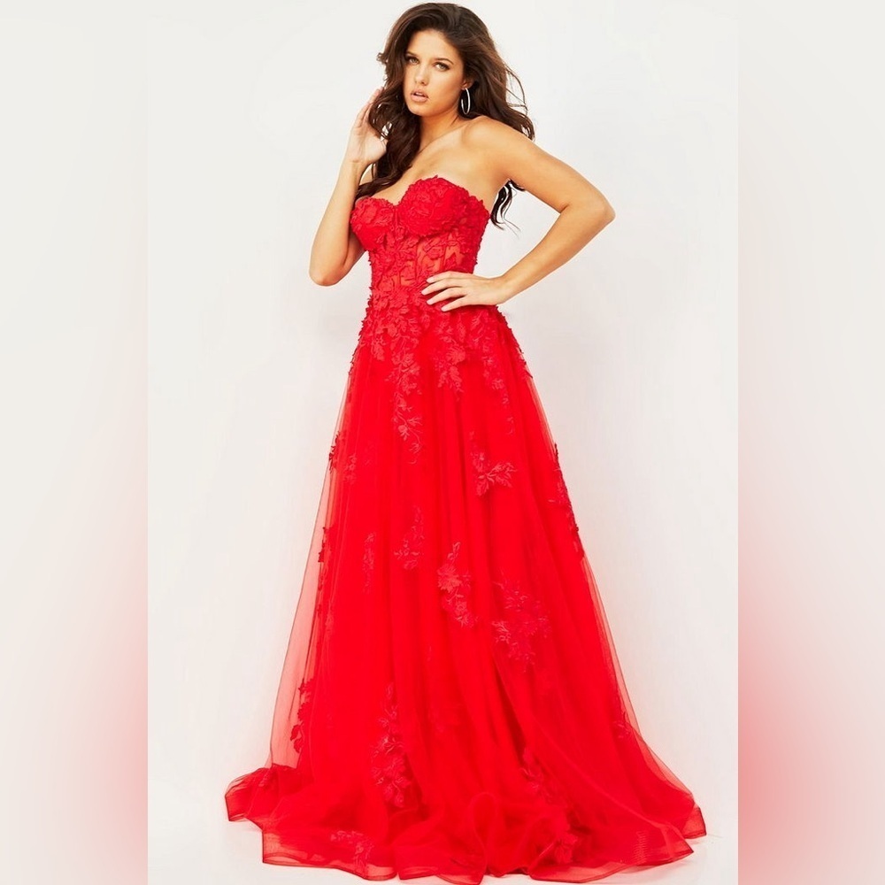 Jovani Red Strapless Lace Appliqué Ball Gown